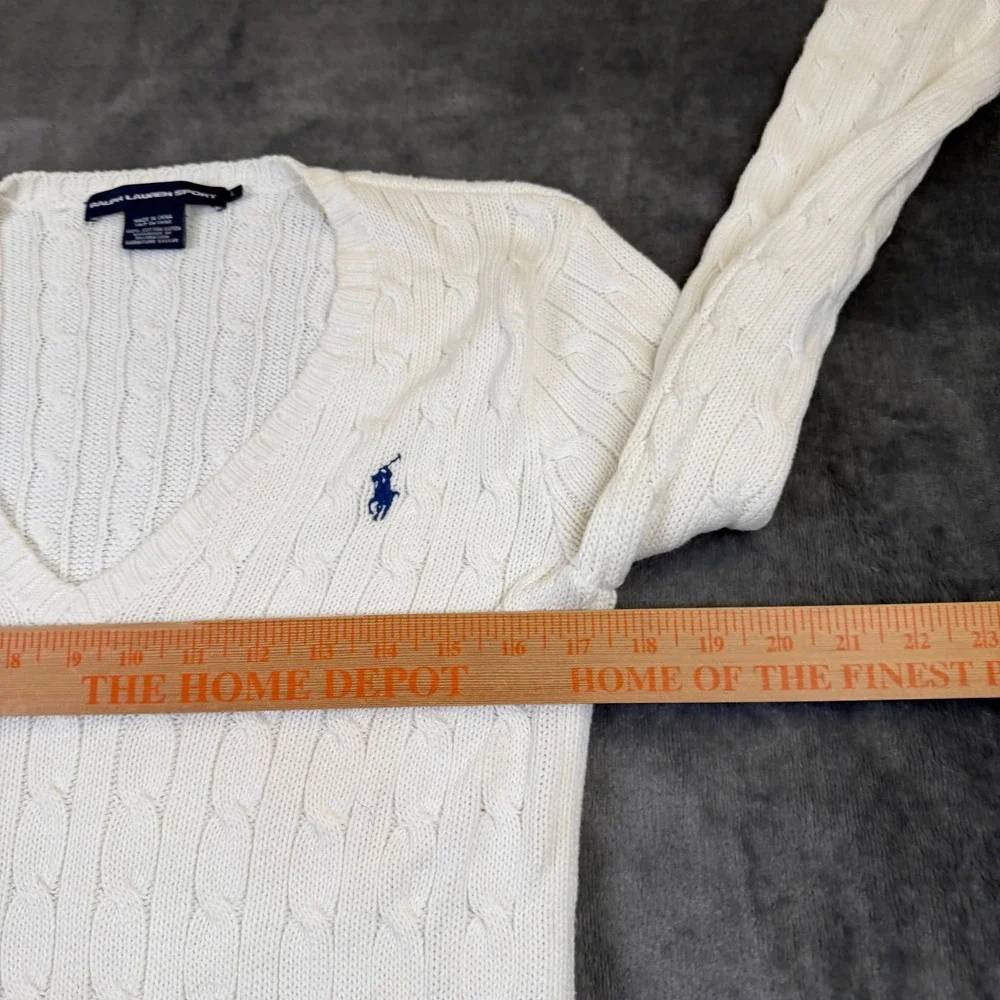 Ralph Lauren Sport Cable Knit Sweater Womens Large White V Neck Cotton - Picture 6 of 9